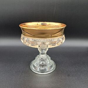 Indiana Glass Kings Crown Compote Candy Dish Gold Rimmed Flashing 5” Tall